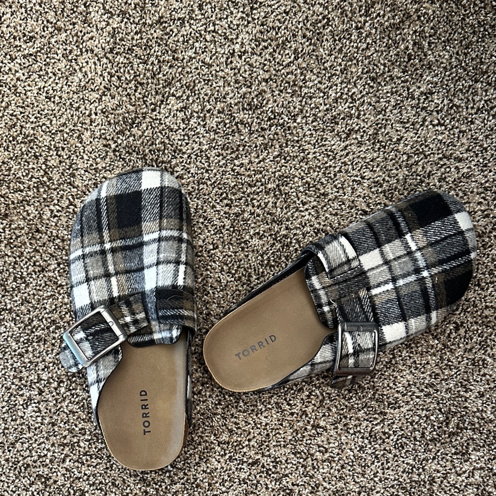 Torrid Black & White Plaid Buckle Mules